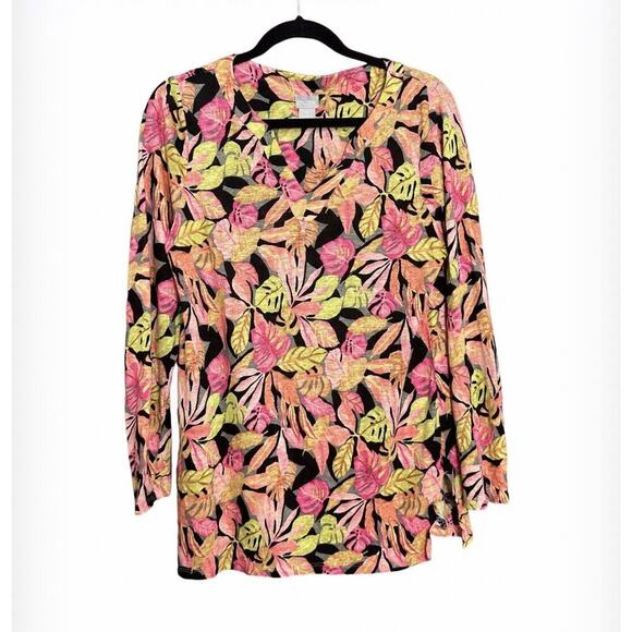 Chico’s Size 1 Colorful 100% Linen Tropical Leaf Print Pullover Knit Top Medium - Picture 1 of 7